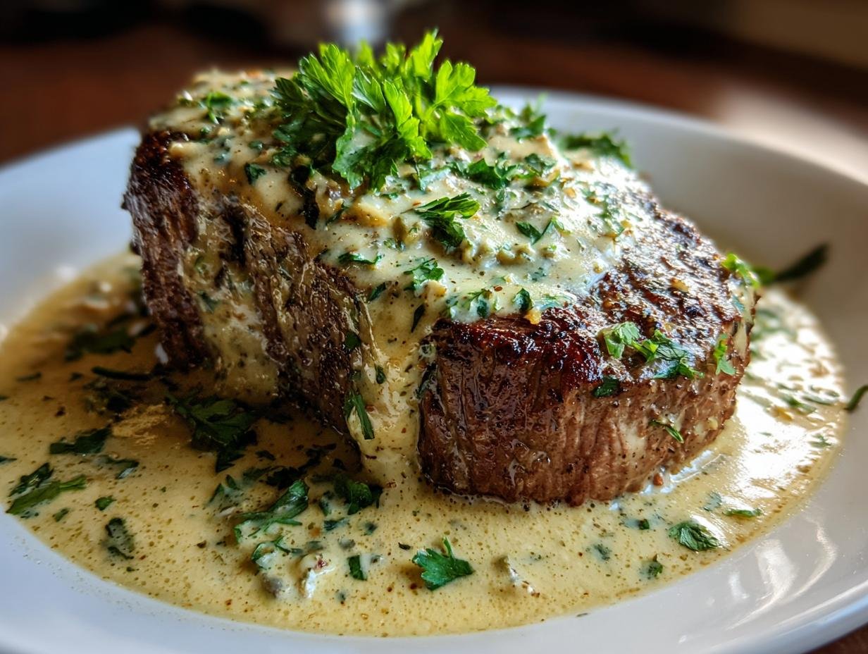 Ein saftiges Rinderfilet, übergossen mit einer cremigen Knoblauch-Dijon-Sahnesauce und garniert mit frischer Petersilie.