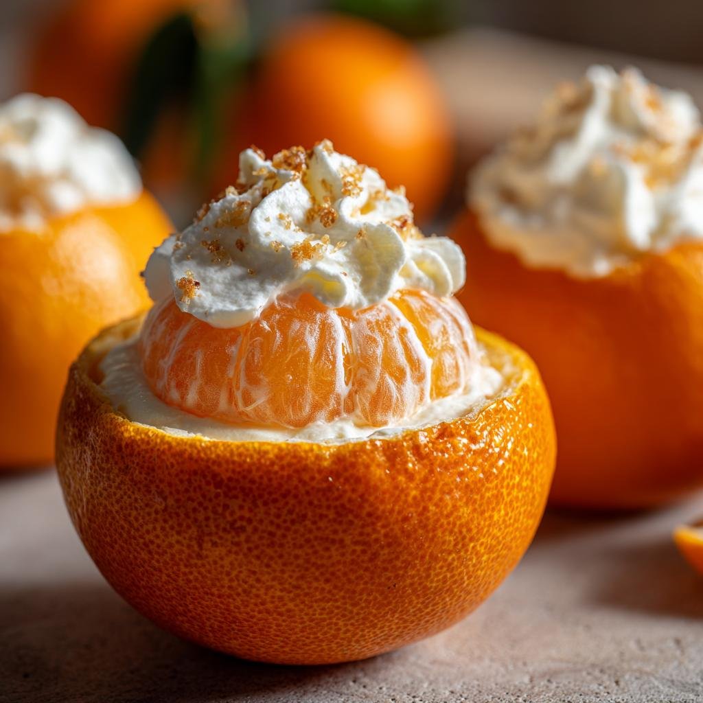 Ein Sahne Quark Dessert in gefüllten Orangen, garniert mit Schlagsahne und Zimt, als Weihnachtsdessert.