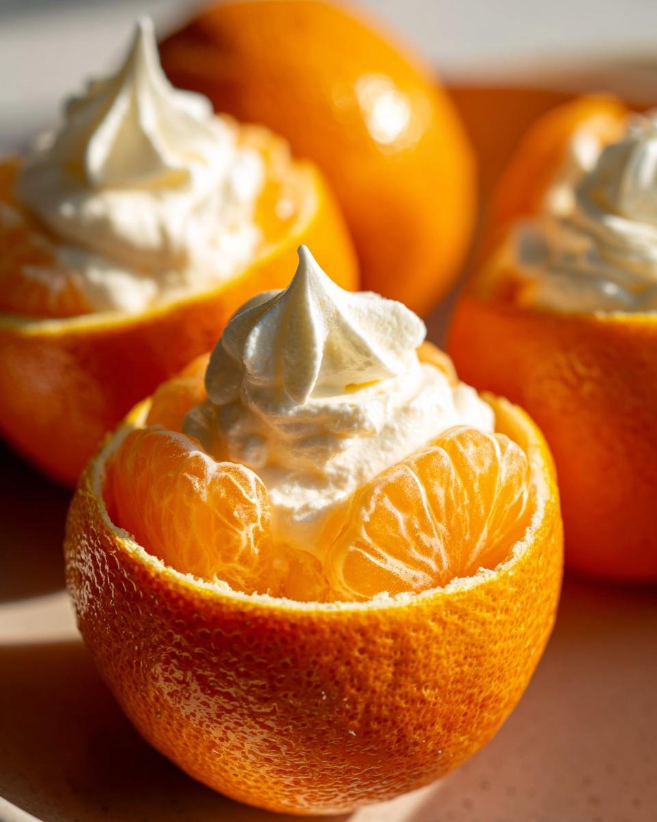 Sahne Quark Dessert in gefüllten Orangen, ein festliches Weihnachtsdessert mit frischen Orangen und Sahne.