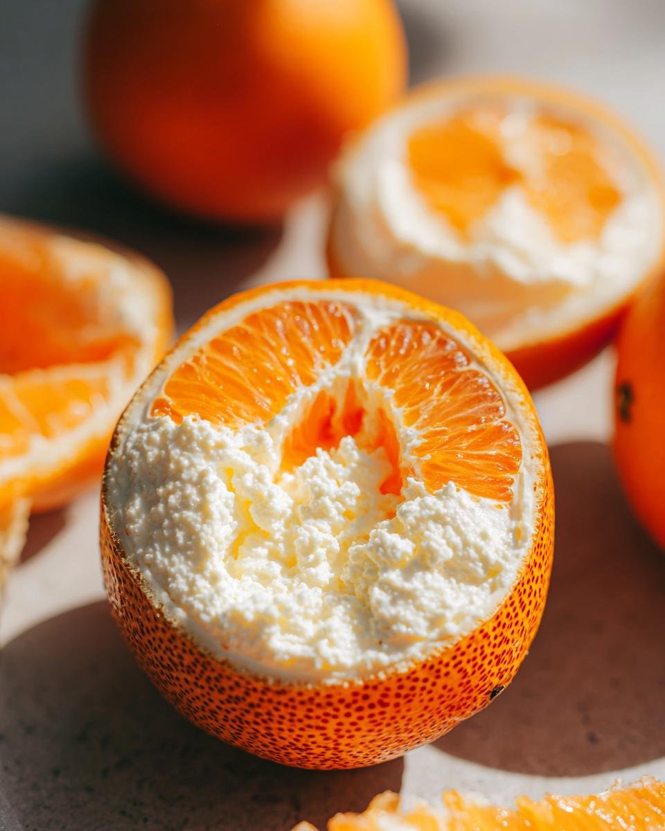Ein Sahne Quark Dessert gefüllt in einer halbierten Orange, ein festliches Weihnachtsdessert.