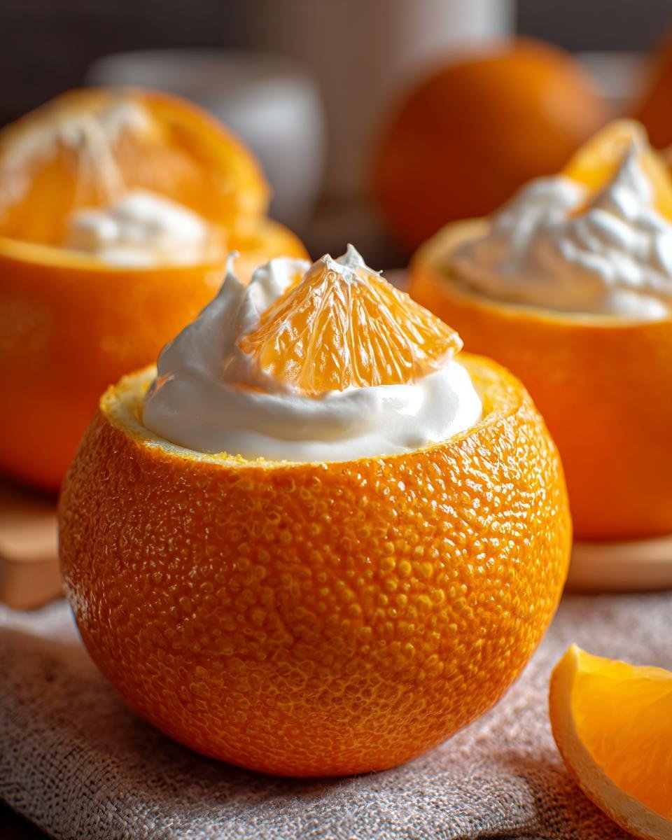Sahne Quark Dessert in gefüllten Orangen als Weihnachtsdessert, garniert mit einem Orangenschnitz.