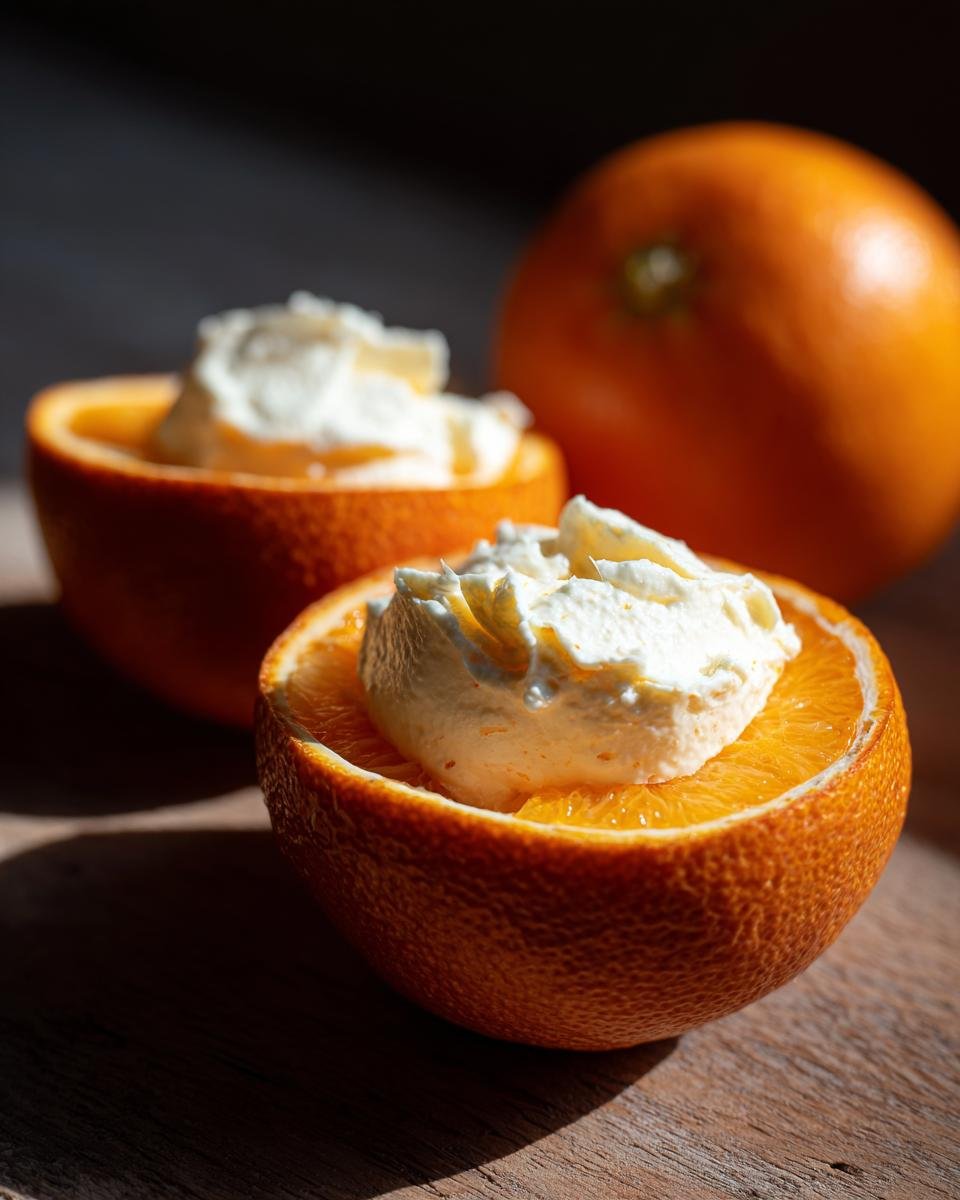 Zwei halbe Orangen gefüllt mit cremigem Sahne Quark Dessert, ein Weihnachtsdessert.