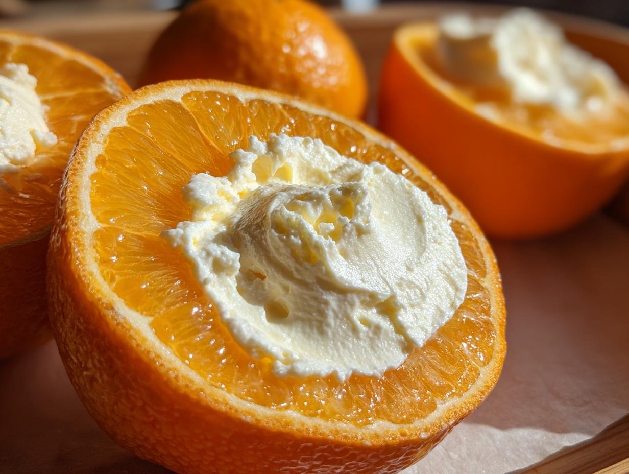 Sahne Quark Dessert in gefüllten Orangen, ein erfrischendes und festliches Weihnachtsdessert.