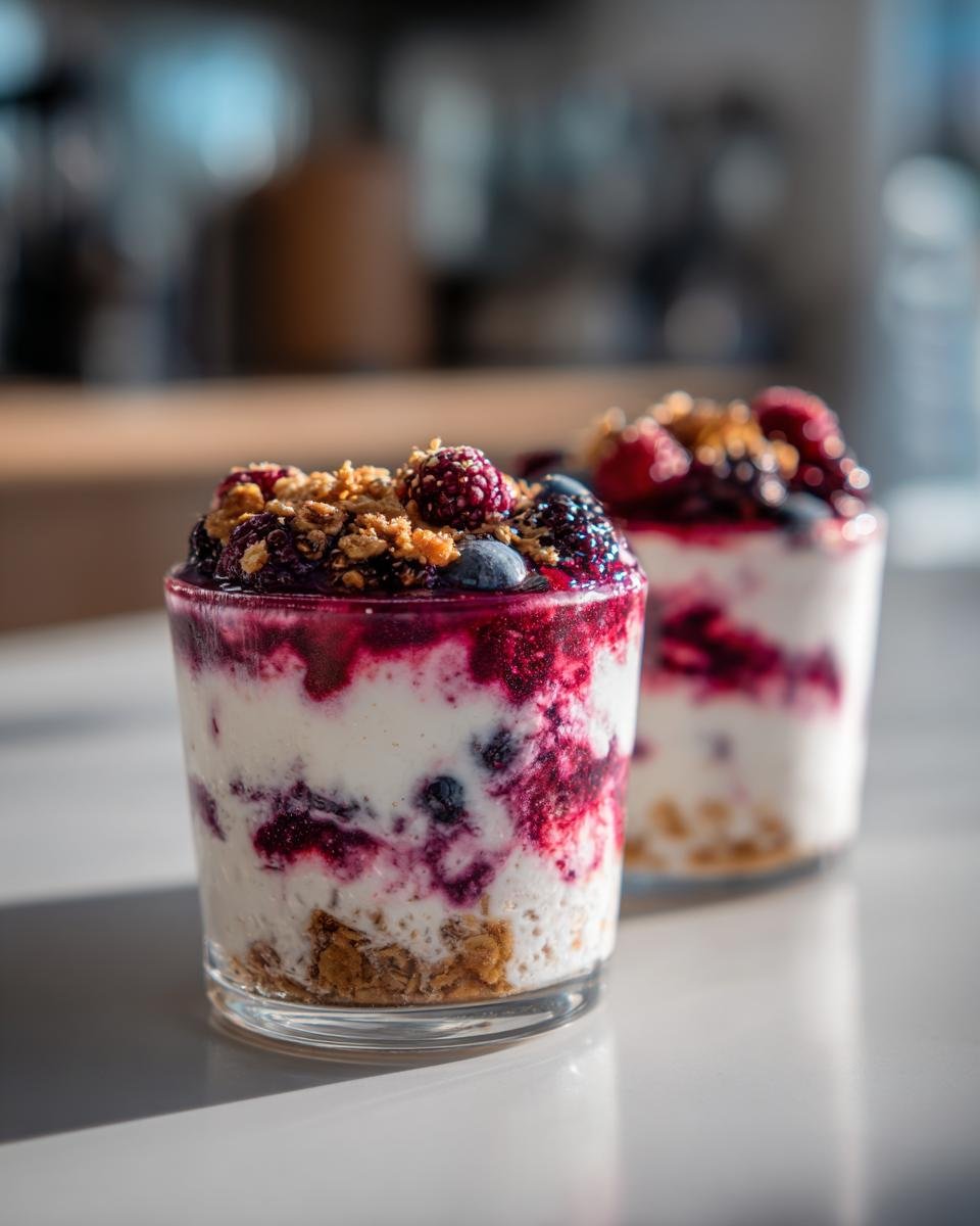 Zwei Gläser Schichtdessert mit Joghurt, Beeren und knusprigem Granola, garniert mit frischen Beeren.