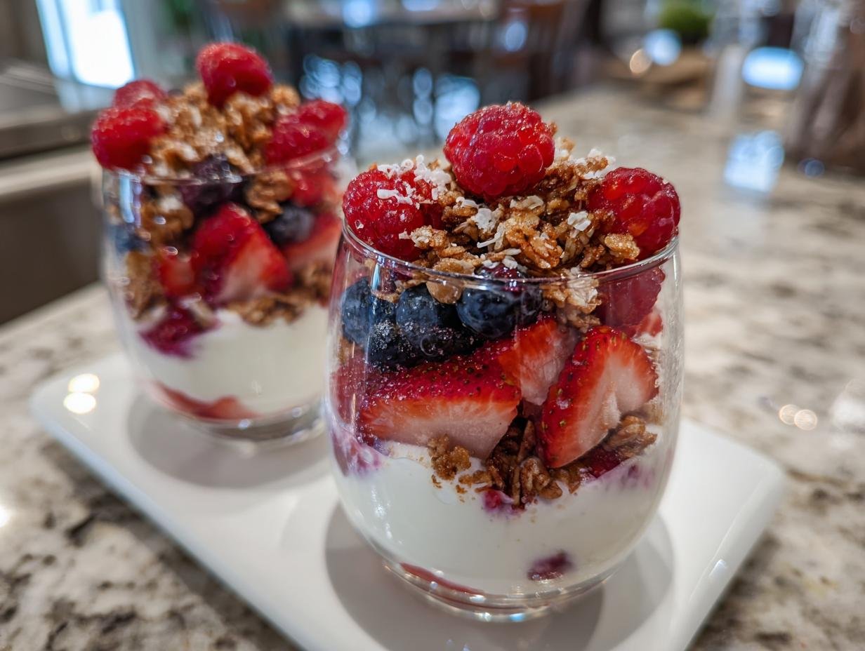 Zwei Gläser Schichtdessert mit Joghurt, frischen Erdbeeren, Blaubeeren und Himbeeren, garniert mit Granola.