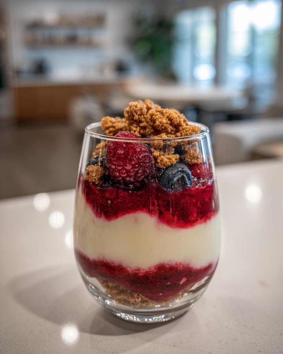 Schichtdessert im Glas mit Beeren, cremiger Schicht und Streuseln, ein köstliches Schichtdessert.