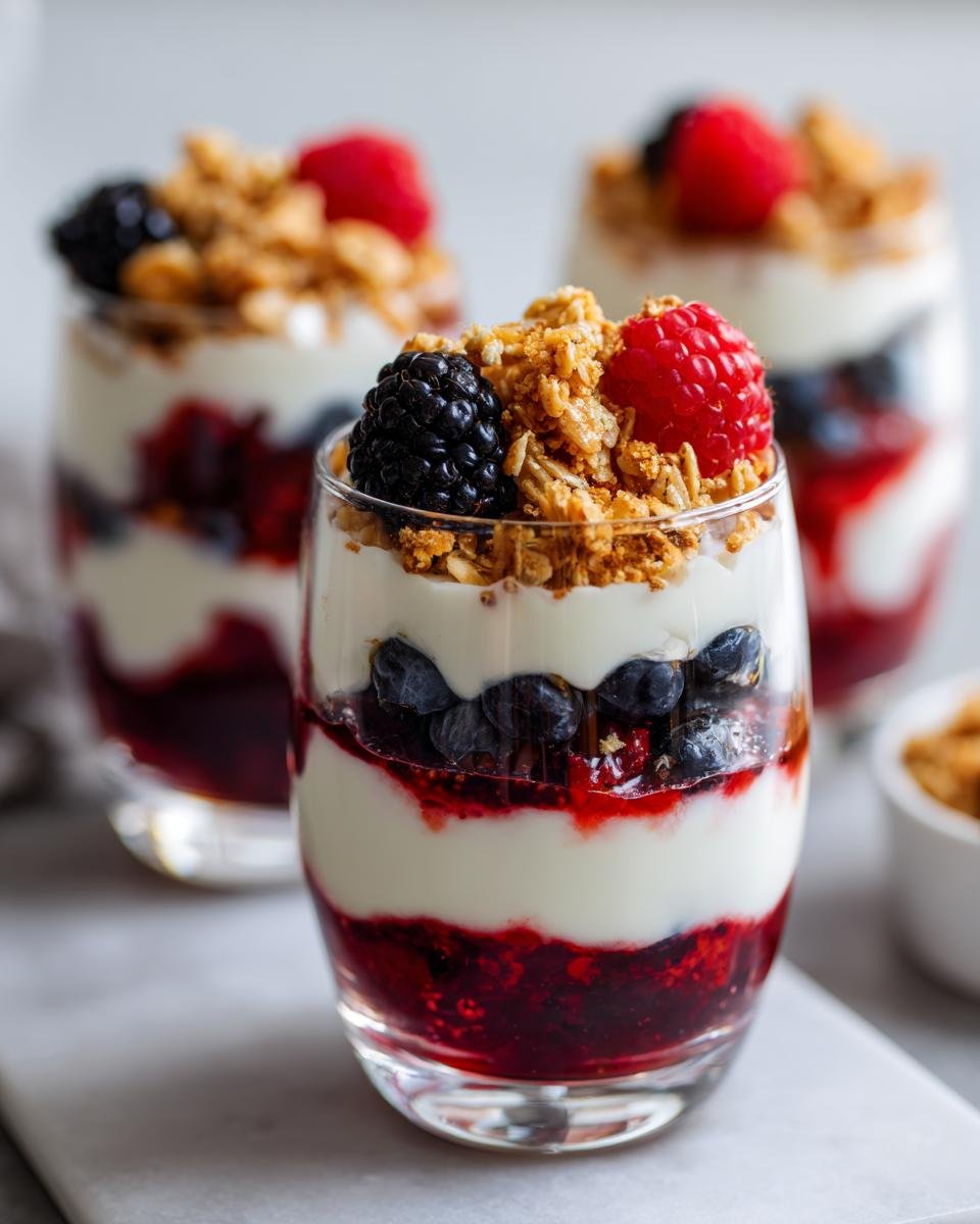 Close-up of a layered Schichtdessert in a glass, featuring yogurt, berry compote, blueberries, and granola topping.
