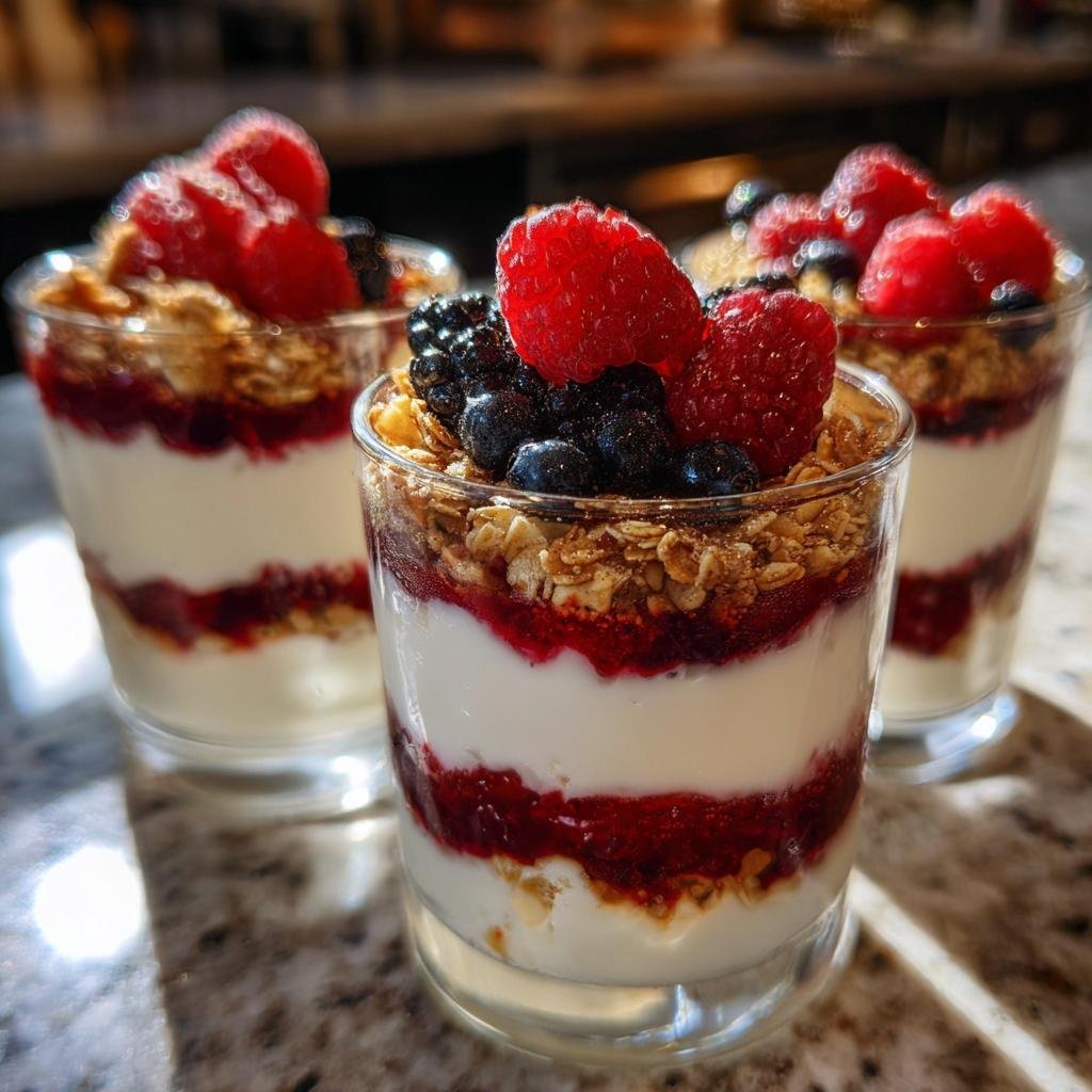 Close-up of a layered Schichtdessert in a glass, featuring yogurt, berry compote, and granola, topped with fresh raspberries and blueberries.