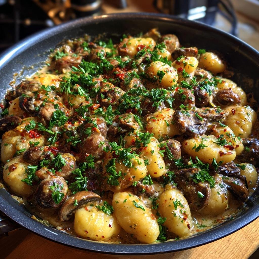 Eine köstliche Schnelle und cremige Gnocchi-Pilz-Pfanne, garniert mit frischer Petersilie und Chiliflocken.