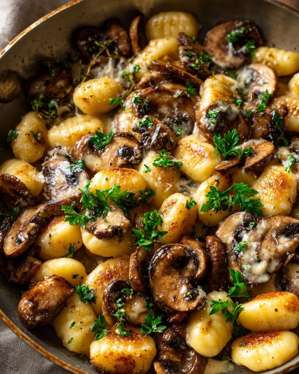 Nahaufnahme einer Schnelle und cremige Gnocchi-Pilz-Pfanne mit goldbraunen Gnocchi, gebratenen Pilzen und frischer Petersilie.