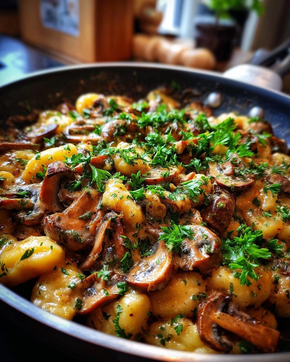 Eine köstliche Schnelle und cremige Gnocchi-Pilz-Pfanne mit frischer Petersilie garniert, serviert in einer Pfanne.