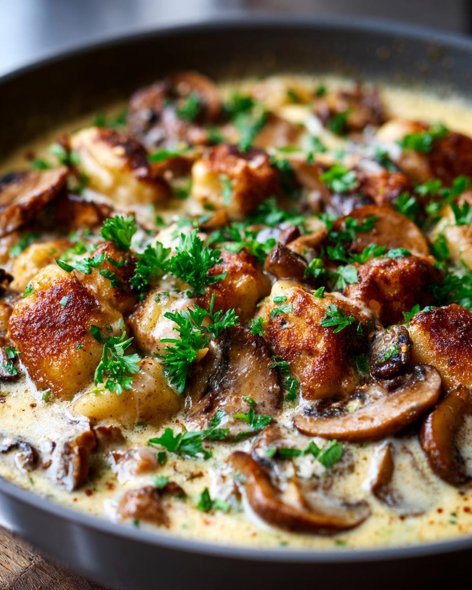 Close-up of a pan filled with Schnelle und cremige Gnocchi-Pilz-Pfanne, featuring golden-brown gnocchi and sautéed mushrooms in a creamy sauce, garnished with parsley.