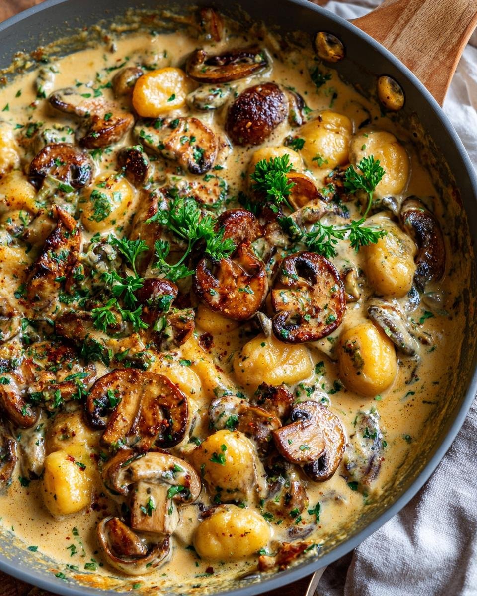 Eine köstliche Schnelle und cremige Gnocchi-Pilz-Pfanne mit goldbraunen Gnocchi und Pilzen in cremiger Sauce, garniert mit Petersilie.