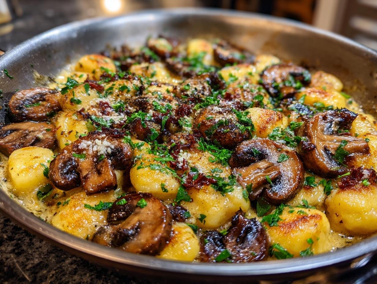 Close-up of Schnelle und cremige Gnocchi-Pilz-Pfanne in a pan with mushrooms and herbs.
