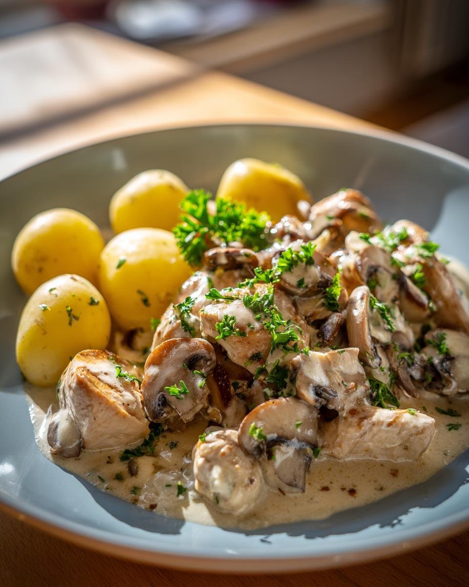 Ein Teller mit Hähnchenbrust in cremiger Pilzsoße und kleinen Salzkartoffeln, garniert mit Petersilie. Perfekt für schnelle und einfache Weihnachtsessen.