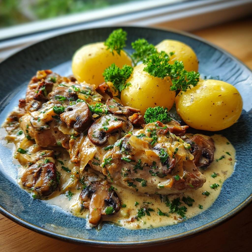 Schnelle und einfache Weihnachtsessen: Ein Teller mit Hähnchenbrust in cremiger Pilzsoße und Salzkartoffeln, garniert mit Petersilie.