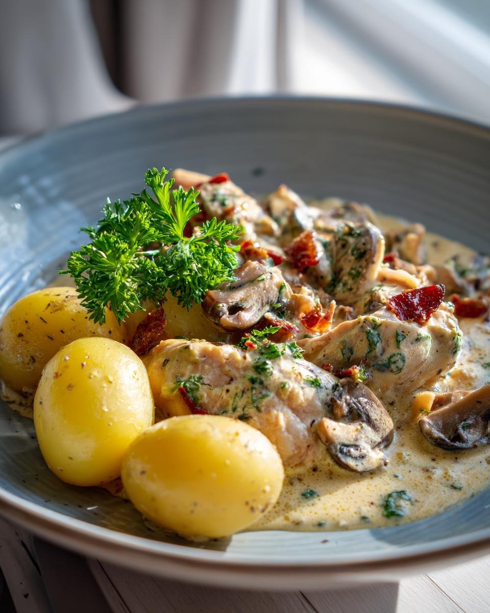 Ein Teller mit Hähnchenbrust in cremiger Pilzsoße, garniert mit Petersilie und serviert mit kleinen Kartoffeln. Ein Gericht für schnelle und einfache Weihnachtsessen.