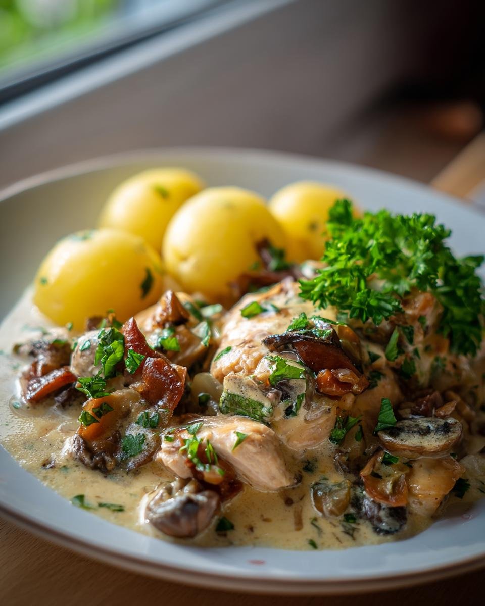 Schnelle und einfache Weihnachtsessen: Hähnchenbrust in cremiger Pilzsoße mit Salzkartoffeln und Petersilie.