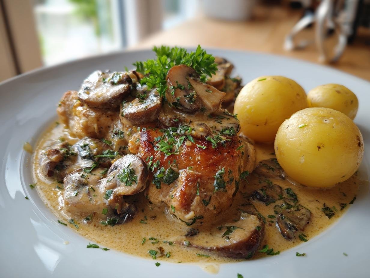 Schnelle und einfache Weihnachtsessen: Saftiges Rahmgeschnetzeltes mit Pilzen und kleinen Kartoffeln, garniert mit Petersilie.