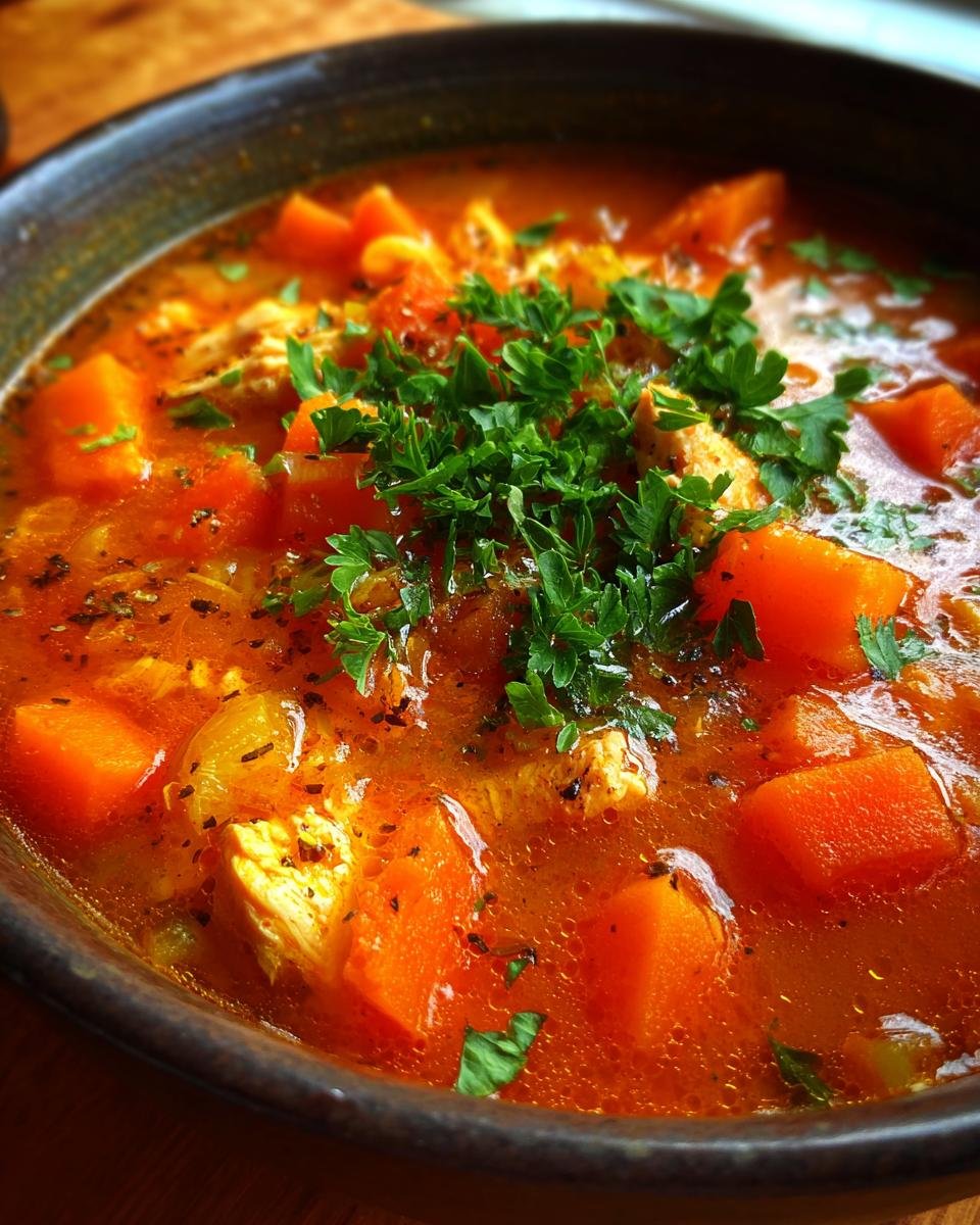 Eine Schüssel mit Schnelle Hühnersuppe, gefüllt mit zarten Hühnerstücken, Karottenwürfeln und frischer Petersilie.