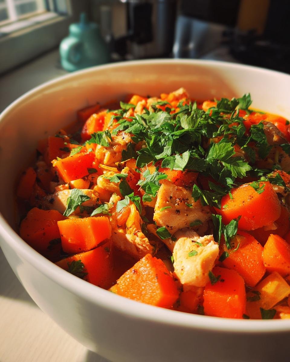 Schüssel mit Schnelle Hühnersuppe, gefüllt mit Hühnchenstücken, Karottenwürfeln und frischer Petersilie.