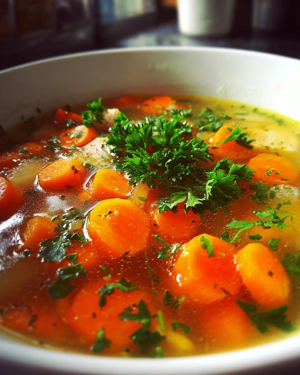 Eine Schüssel mit schneller Hühnersuppe, gefüllt mit Karottenscheiben und frischer Petersilie.