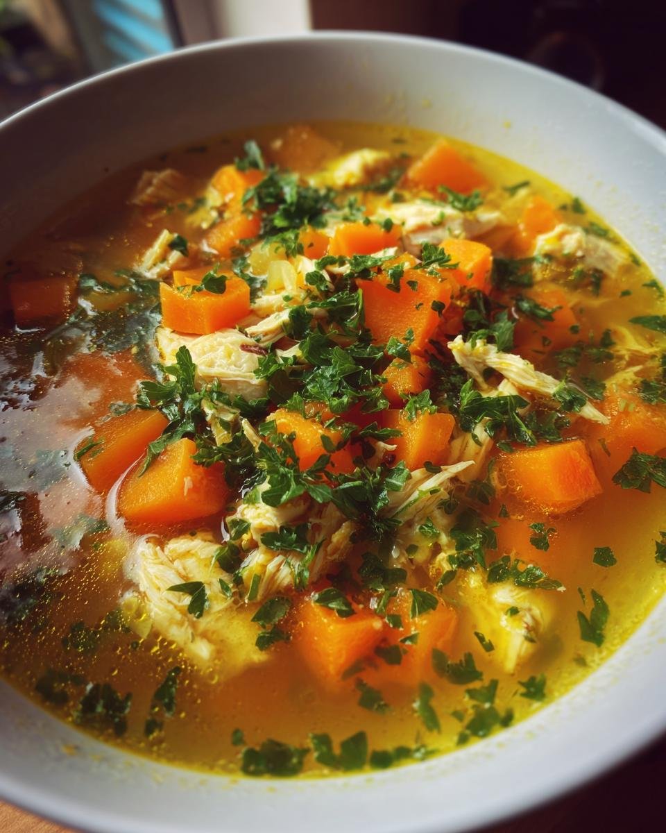 Eine Schüssel mit Schnelle Hühnersuppe, gefüllt mit zarten Hühnerstücken, orangefarbenen Karottenwürfeln und frischer Petersilie.