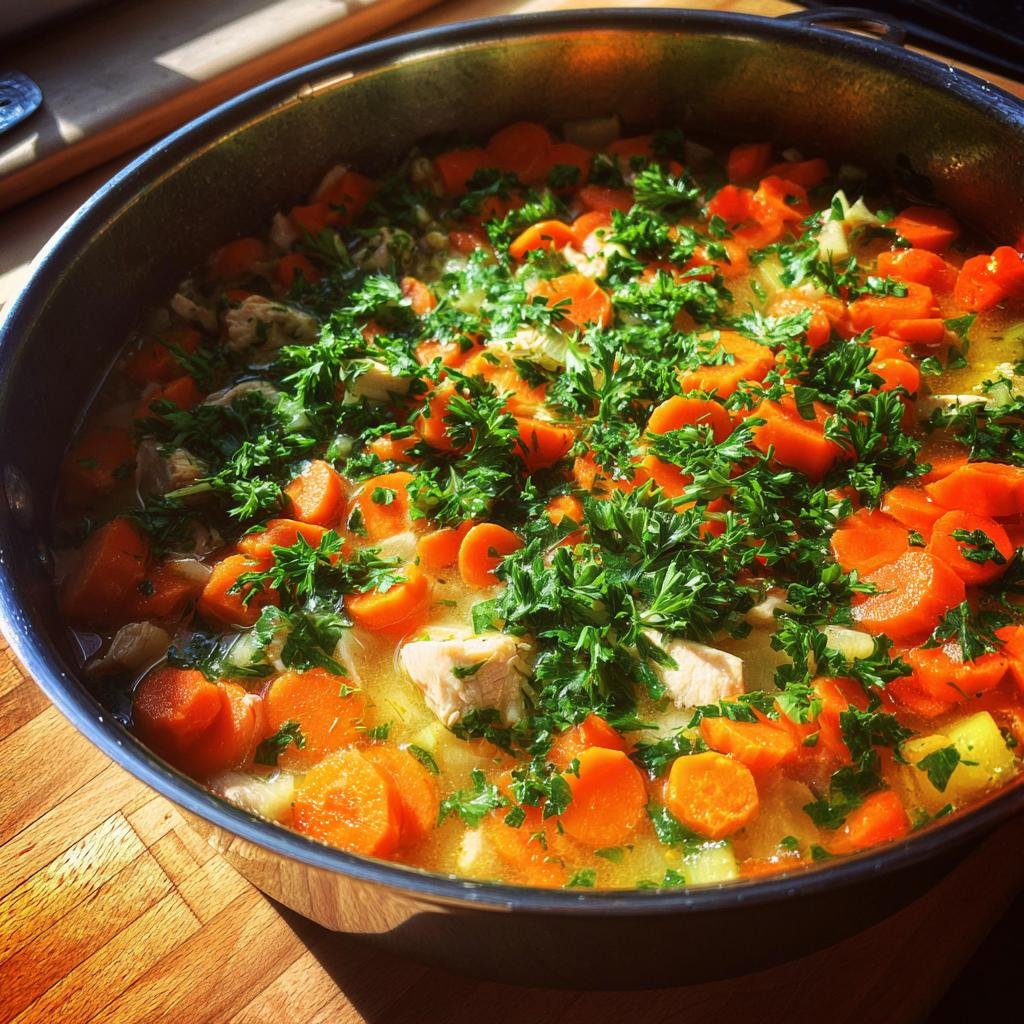 Eine dampfende Schüssel mit Schnelle Hühnersuppe, gefüllt mit Hühnchenstücken, Karottenscheiben und frischer Petersilie.