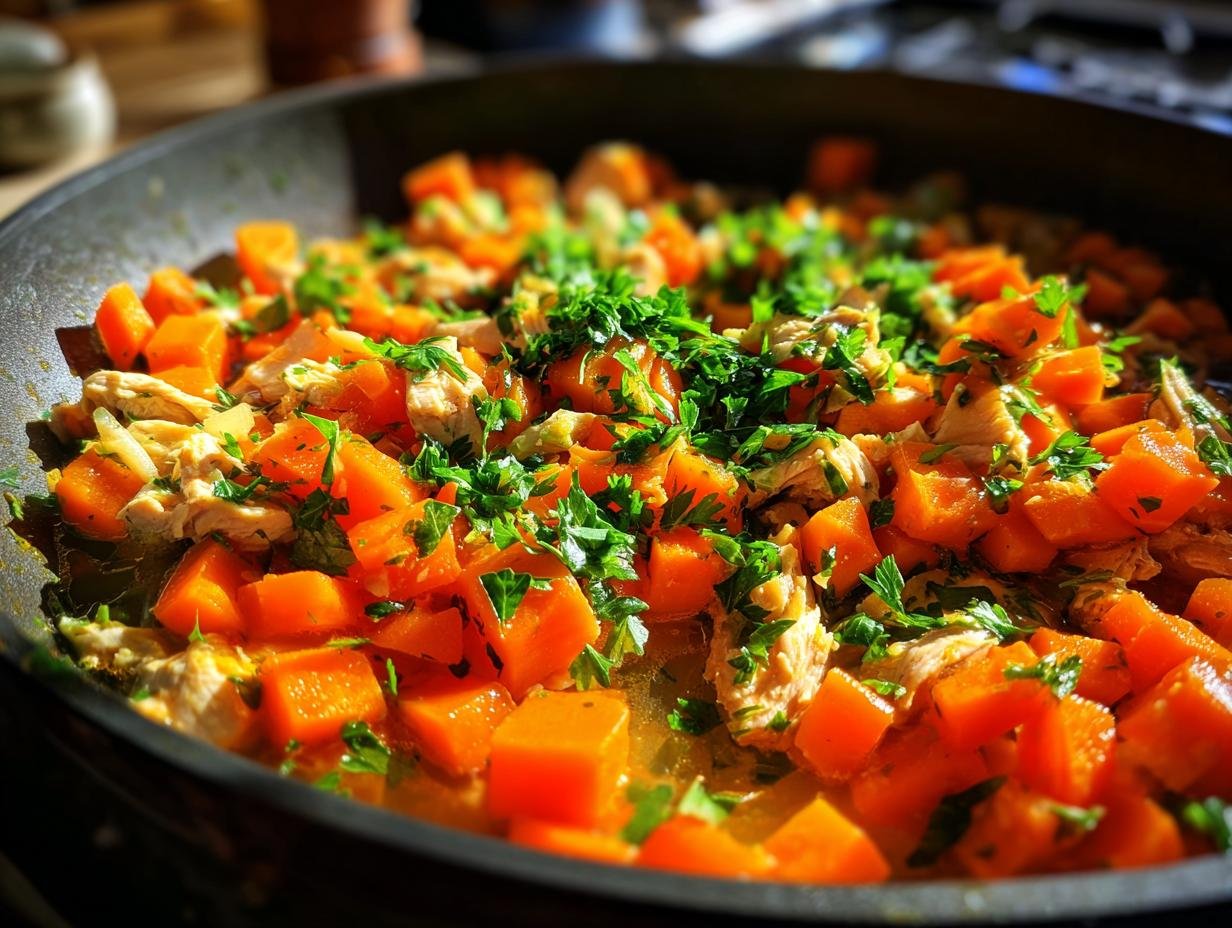 Eine Schüssel mit Schnelle Hühnersuppe, gefüllt mit Hühnchenstücken und gewürfelten Karotten, garniert mit Petersilie.