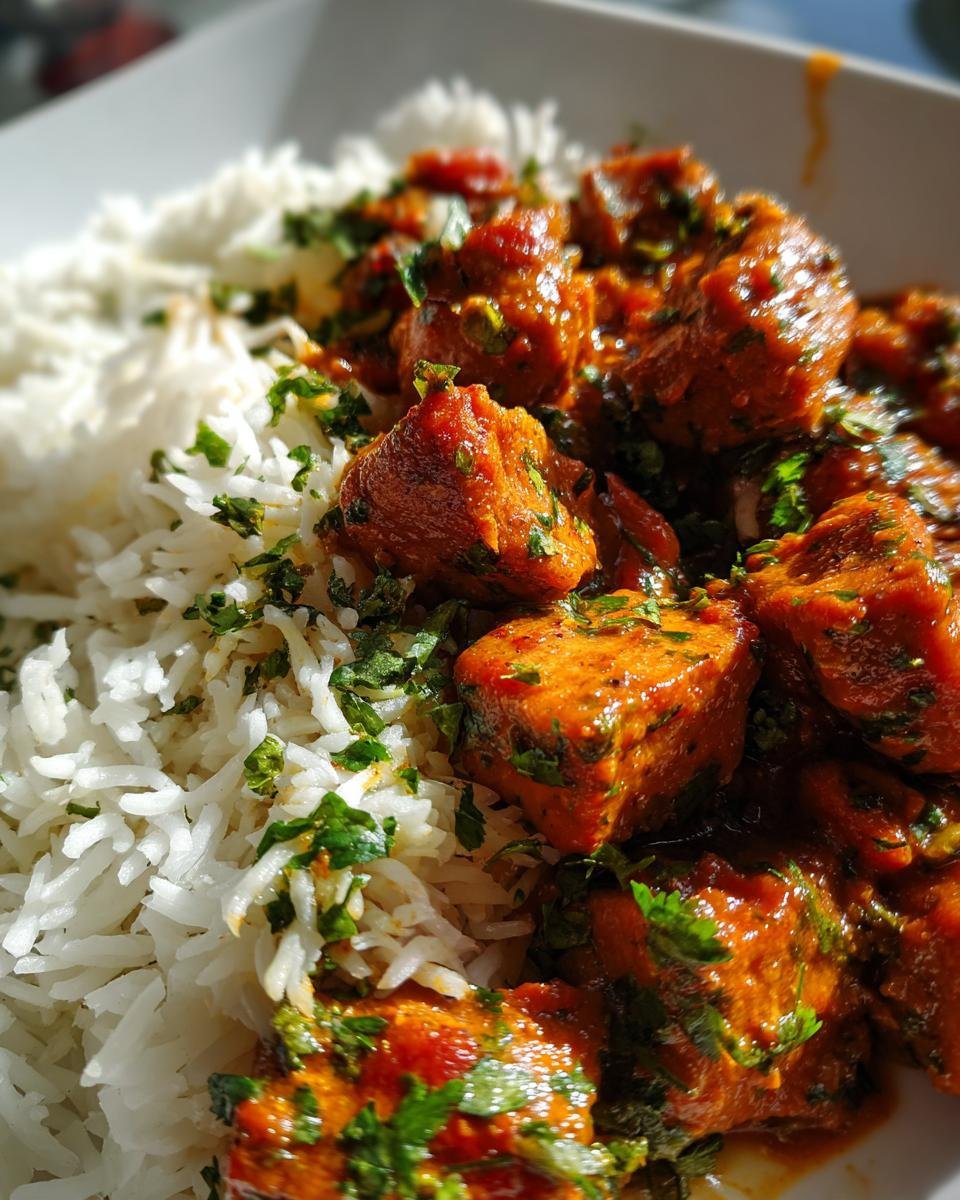 Nahaufnahme von Schnelles Putencurry mit Reis, garniert mit frischer Petersilie.