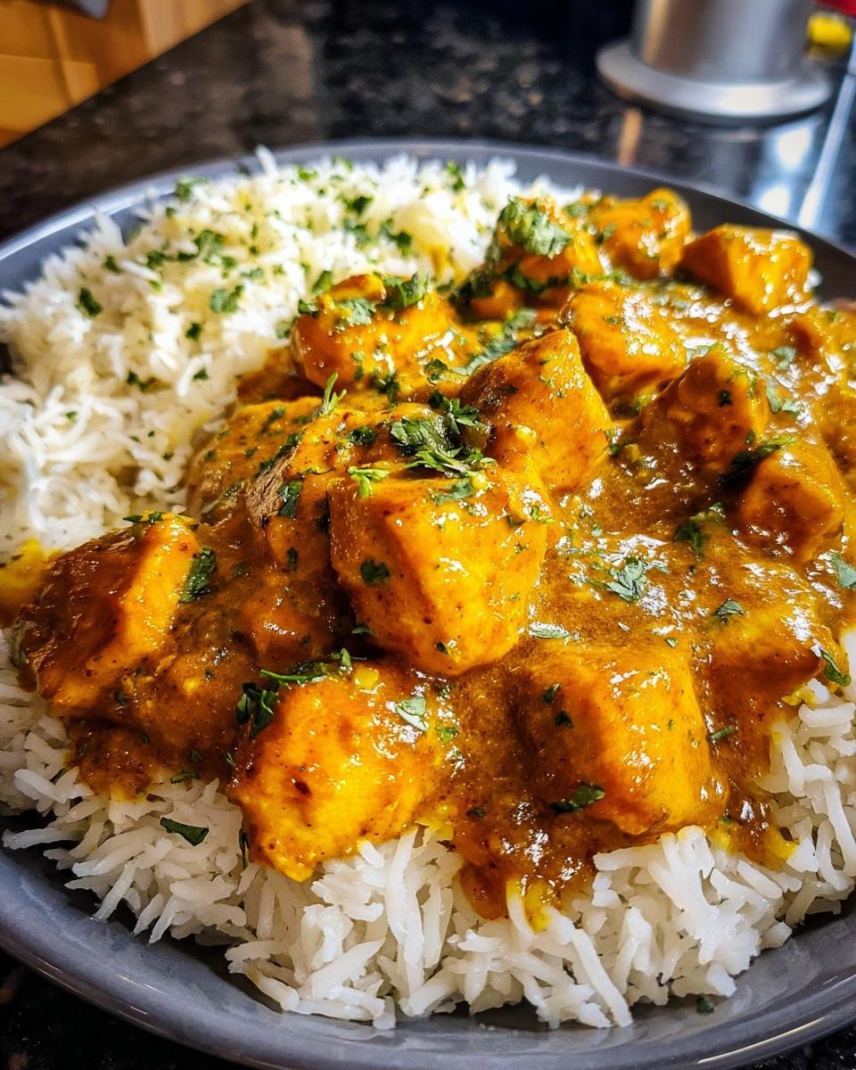 Eine Schüssel mit Schnellem Putencurry und Basmatireis, garniert mit frischer Petersilie.