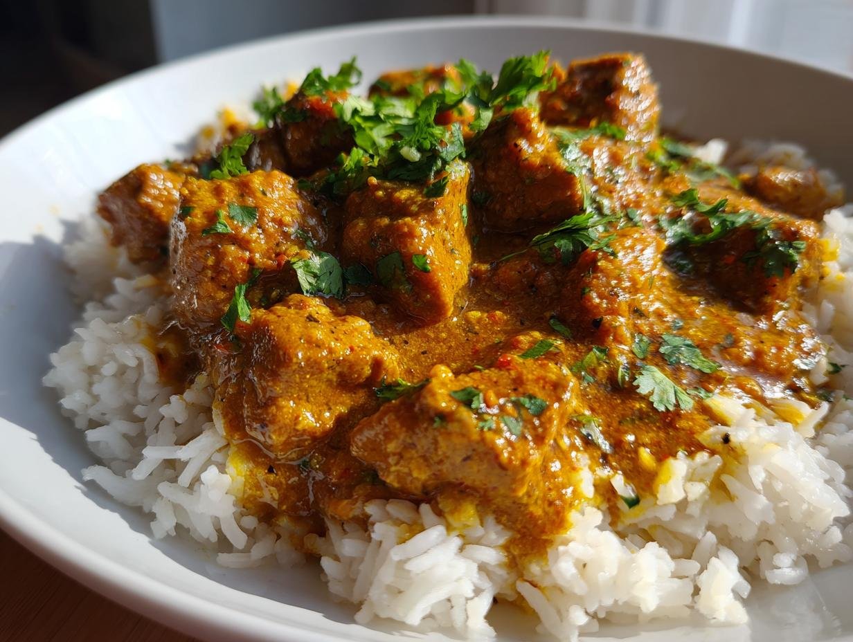 Nahaufnahme von schnellem Putencurry mit Reis, garniert mit frischer Petersilie.