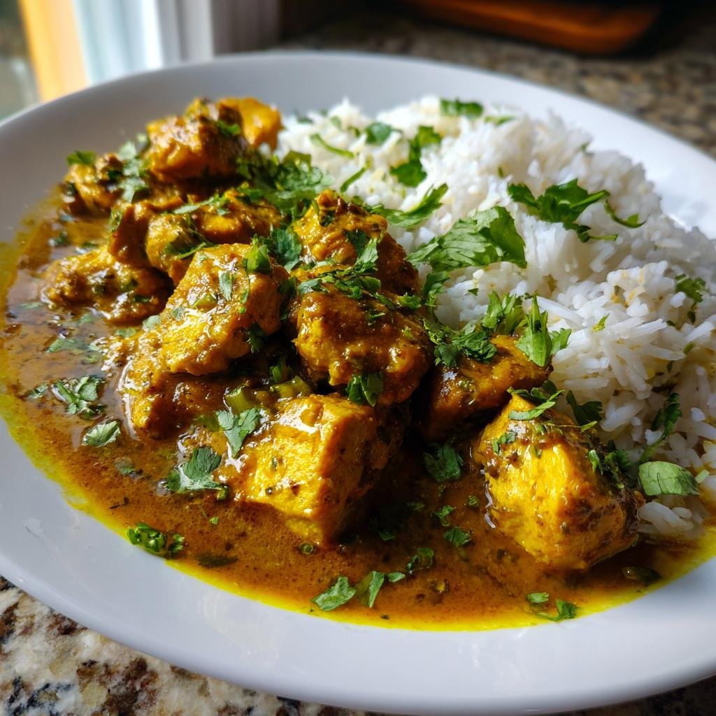 Nahaufnahme von Schnelles Putencurry mit saftigen Putenstücken in einer cremigen Curry-Sauce, serviert mit Reis und garniert mit frischer Petersilie.