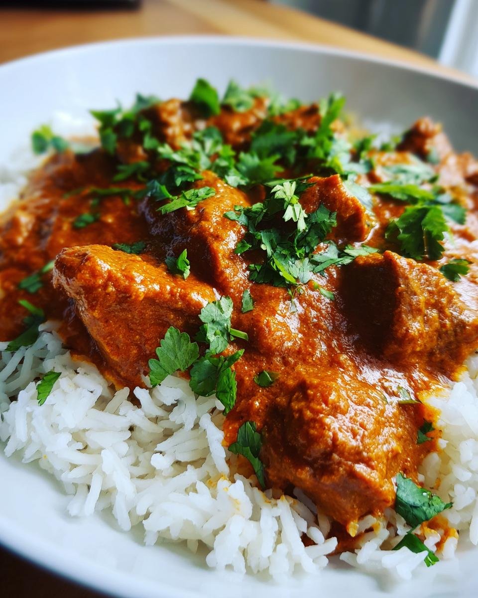 Eine Schüssel mit schnellem Putencurry, serviert auf weißem Reis und garniert mit frischem Koriander.