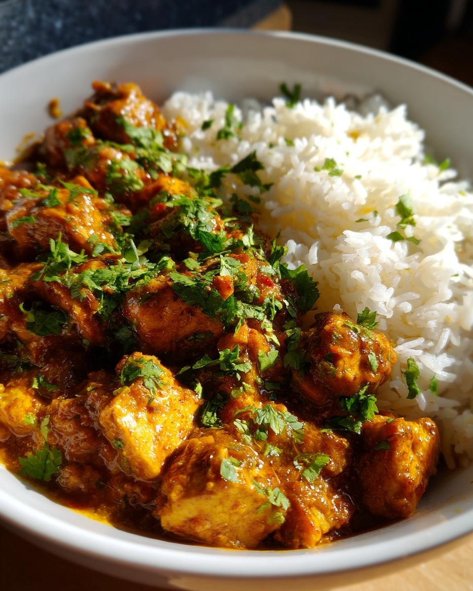 Eine Schüssel mit schnellem Putencurry und Reis, garniert mit frischer Petersilie.