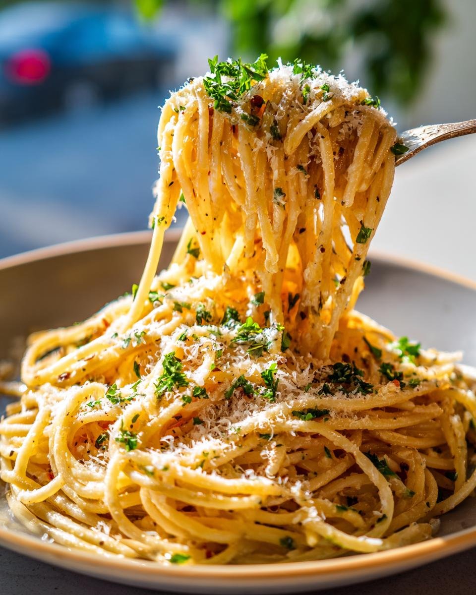 Gabel hebt Spaghetti mit 100 g Parmesan und Petersilie aus einer Schüssel.