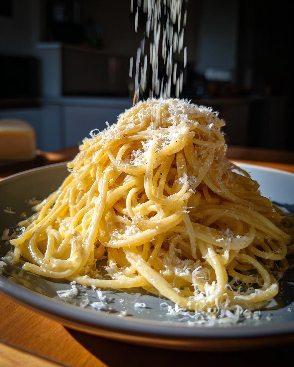 Eine Portion Spaghetti wird mit 100 g Parmesan bestreut, was ein köstliches Gericht ergibt.