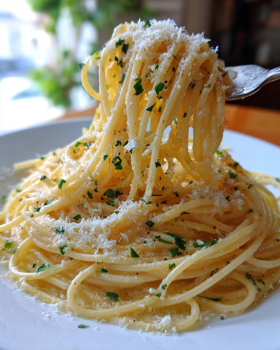 Nahaufnahme von Spaghetti mit 100 g Parmesan und gehackter Petersilie, auf einer Gabel aufgewickelt.