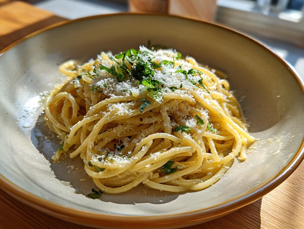 Eine Schüssel Spaghetti garniert mit 100 g Parmesan und frischer Petersilie.