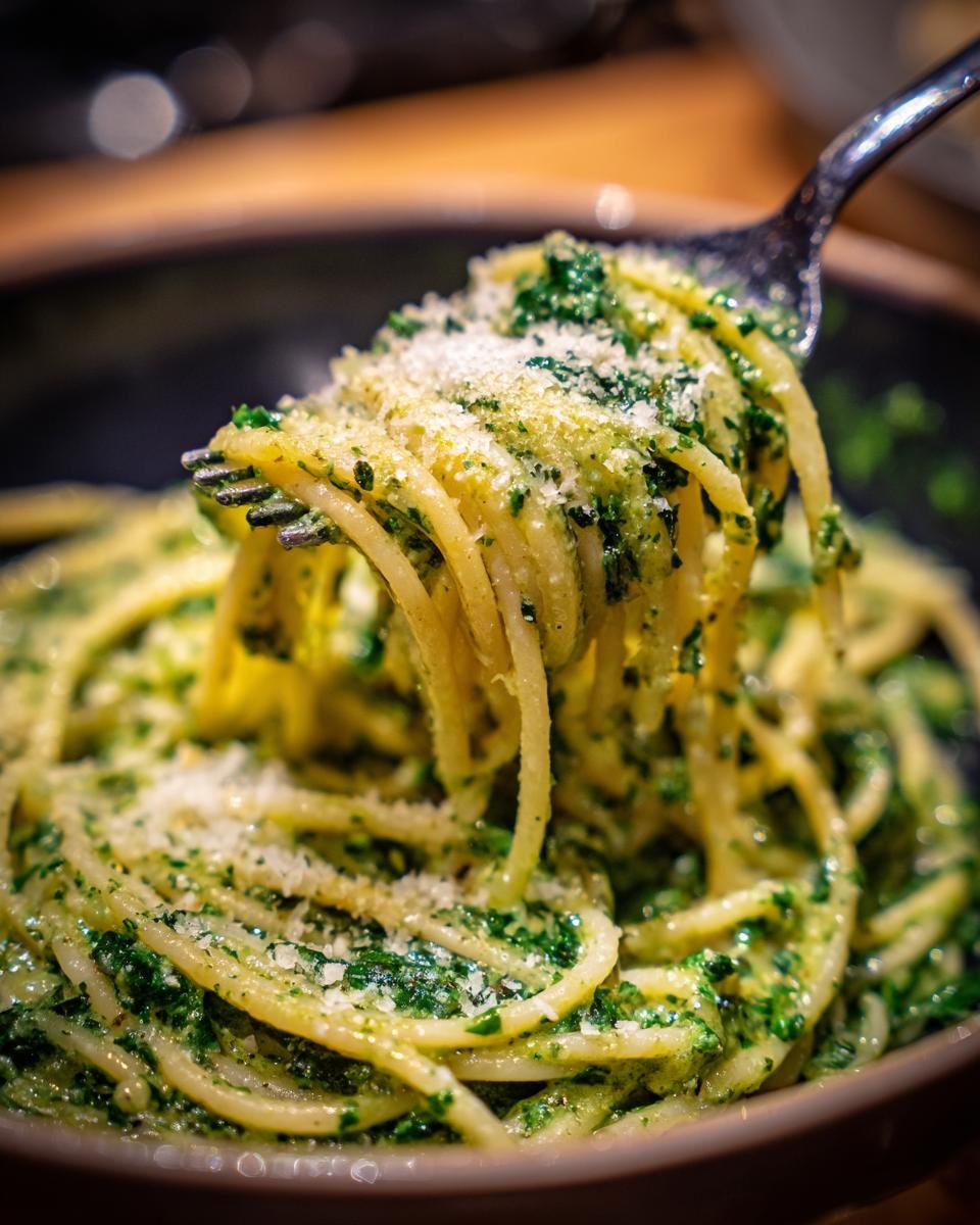 Eine Gabel voll Spaghetti mit Spinat Frischkäse-Sauce, bestreut mit geriebenem Parmesan.
