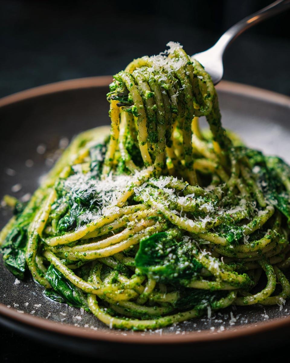 Eine Gabel hebt Spaghetti mit einer cremigen Spinat Frischkäse-Sauce und Parmesan.