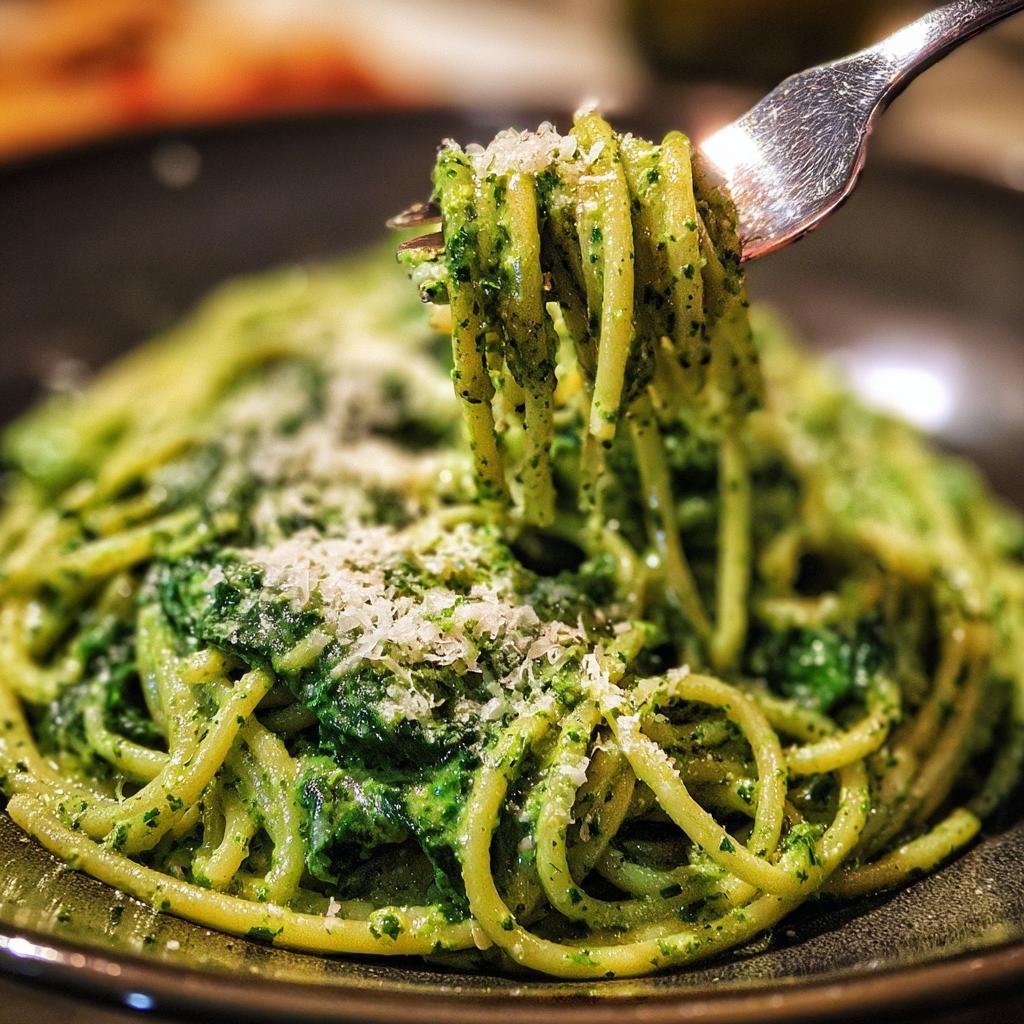 Eine Gabel hebt Spaghetti mit einer cremigen Spinat Frischkäse-Sauce hoch, bestreut mit geriebenem Käse.