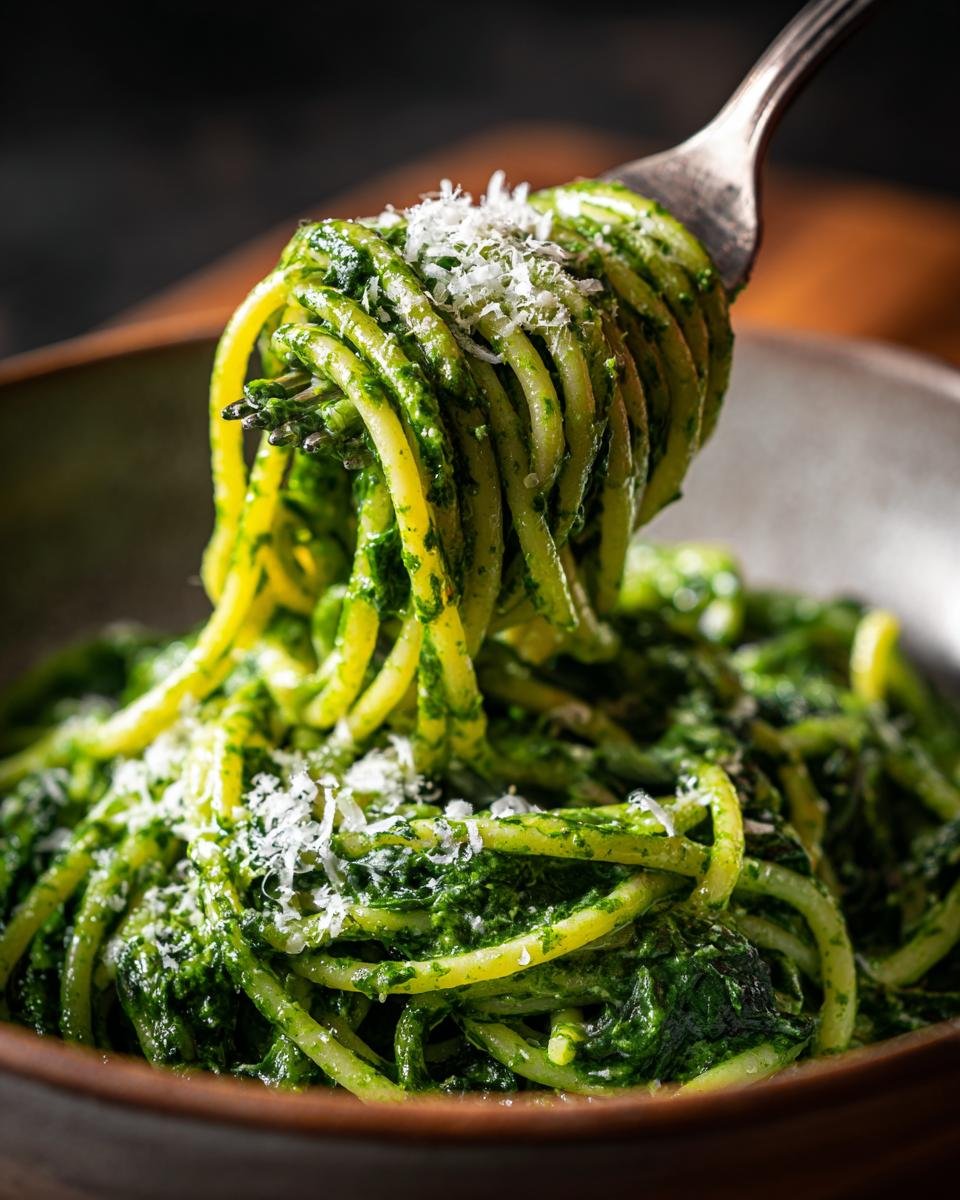 Eine Gabel hebt Spaghetti mit einer cremigen Spinat Frischkäse-Sauce hoch, bestreut mit geriebenem Käse.