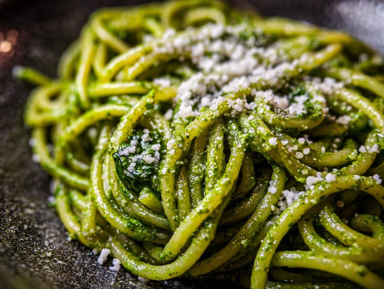 Eine Nahaufnahme von Spaghetti mit Spinat Frischkäse-Sauce, garniert mit geriebenem Käse.