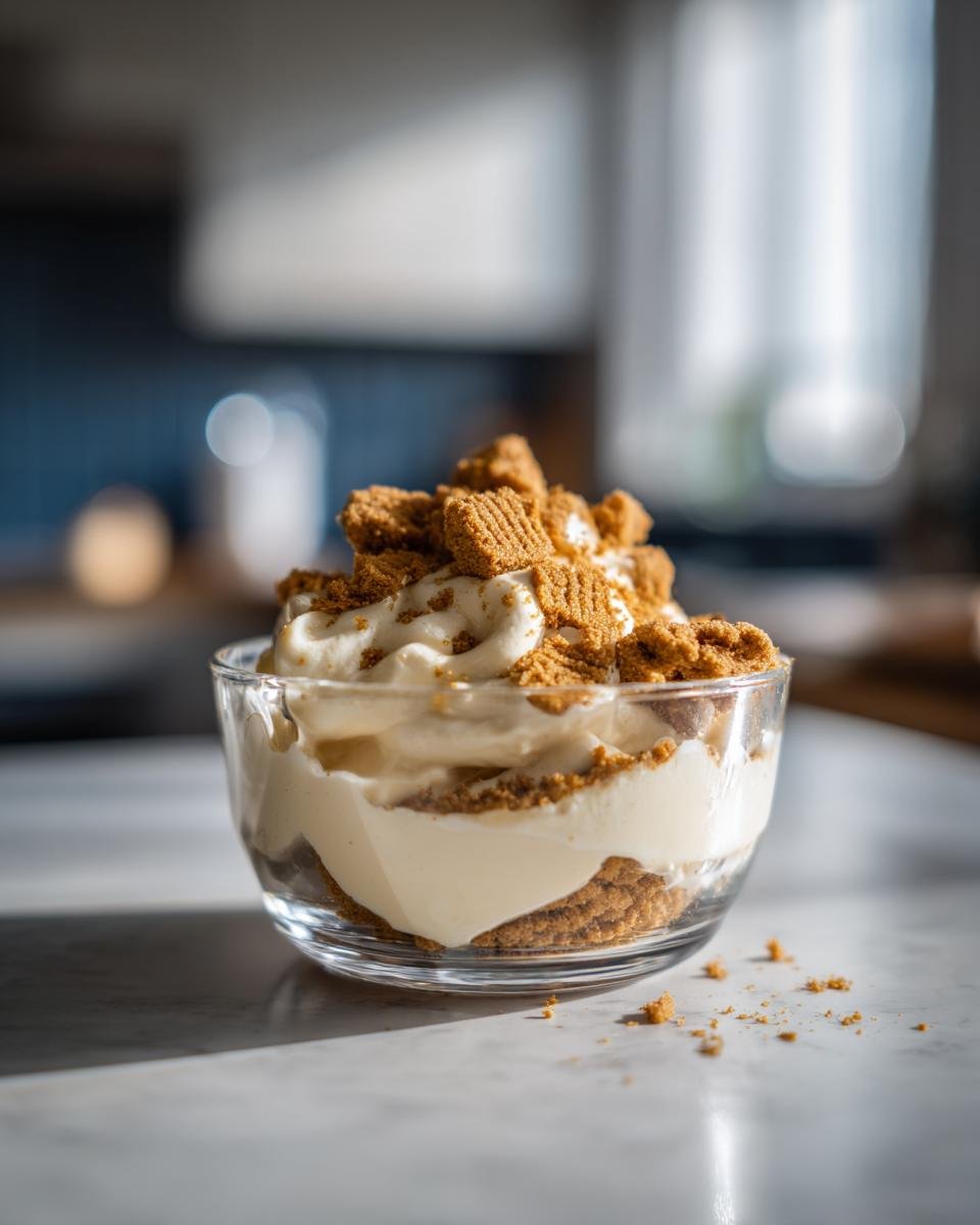 Ein Glas mit Spekulatius Dessert Creme, geschichtet mit zerbröselten Spekulatius und cremiger Füllung, garniert mit Spekulatius-Stücken.