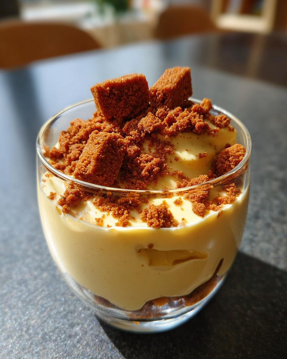 A glass of Spekulatius Dessert Creme, topped with crumbled speculoos cookies and cookie pieces.