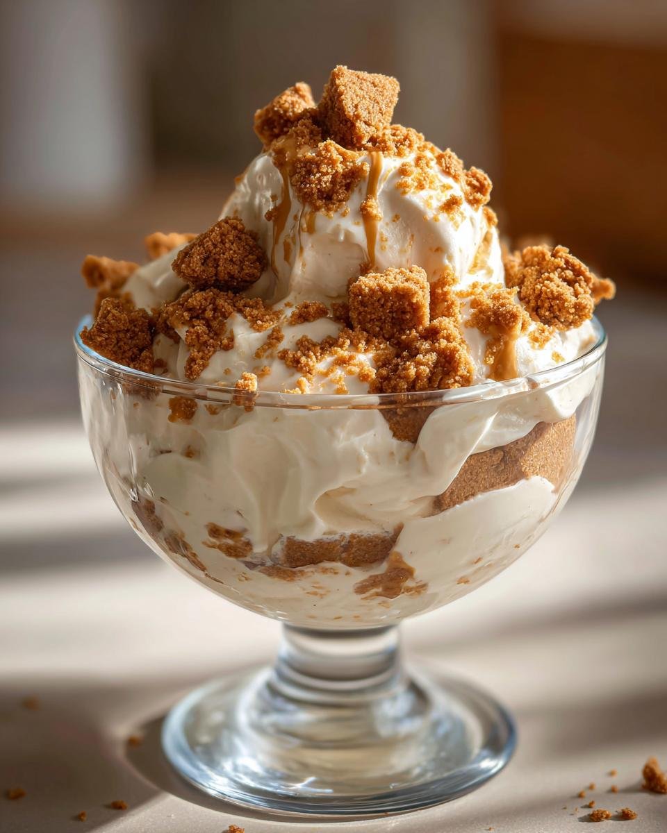 A delicious Spekulatius Dessert Creme Rezept served in a glass, topped with crumbled Spekulatius cookies and a drizzle of caramel.