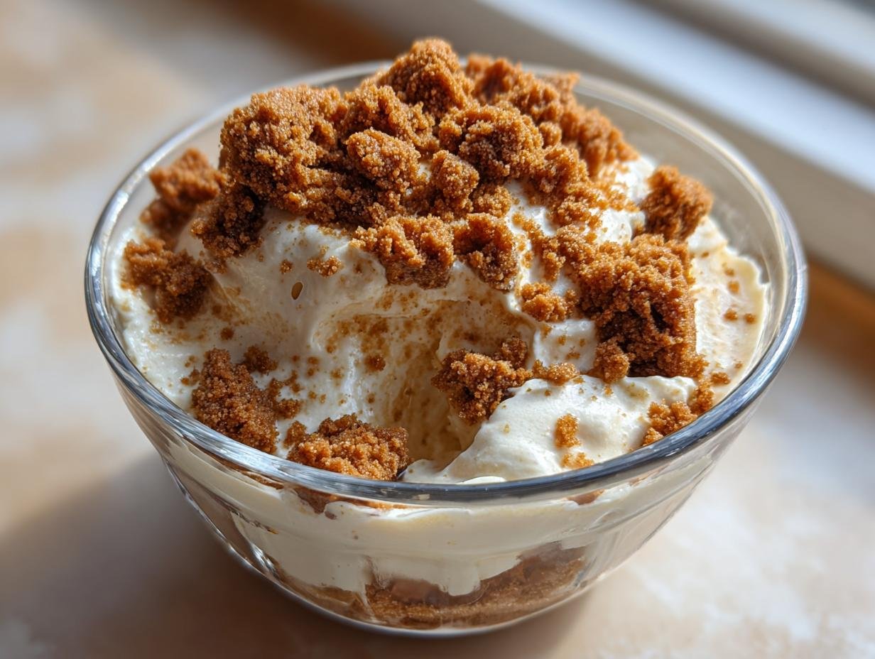 Nahaufnahme einer Schüssel mit Spekulatius Dessert Creme, garniert mit zerbröseltem Spekulatius.