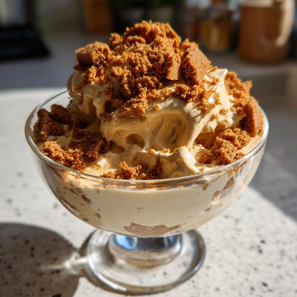 A delicious Spekulatius Dessert Creme in a glass bowl, topped with crumbled Spekulatius cookies.
