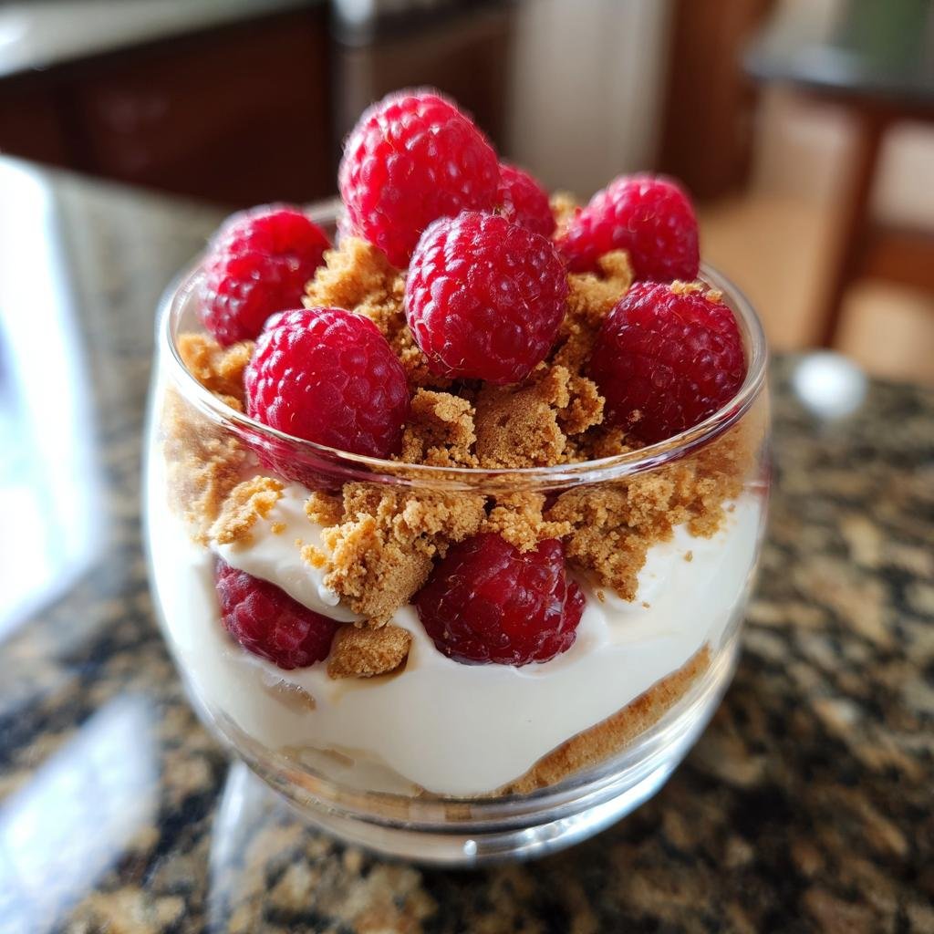 Ein Glas Spekulatius Dessert mit Himbeeren, geschichtet mit cremiger Füllung und zerbröseltem Spekulatius.